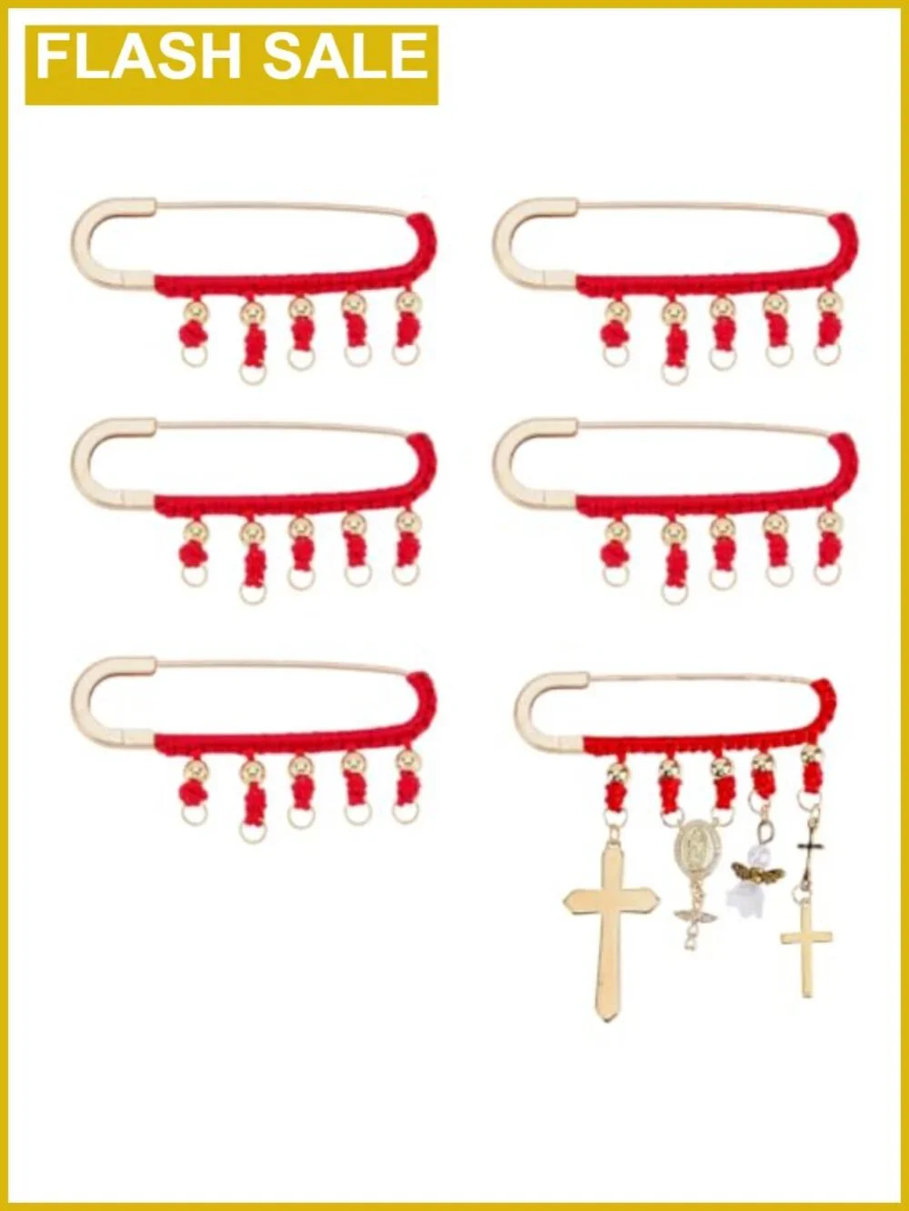 6PC Vintage Safety Brooch Pins with Red Rope Evil Eye Protection Charm Gold